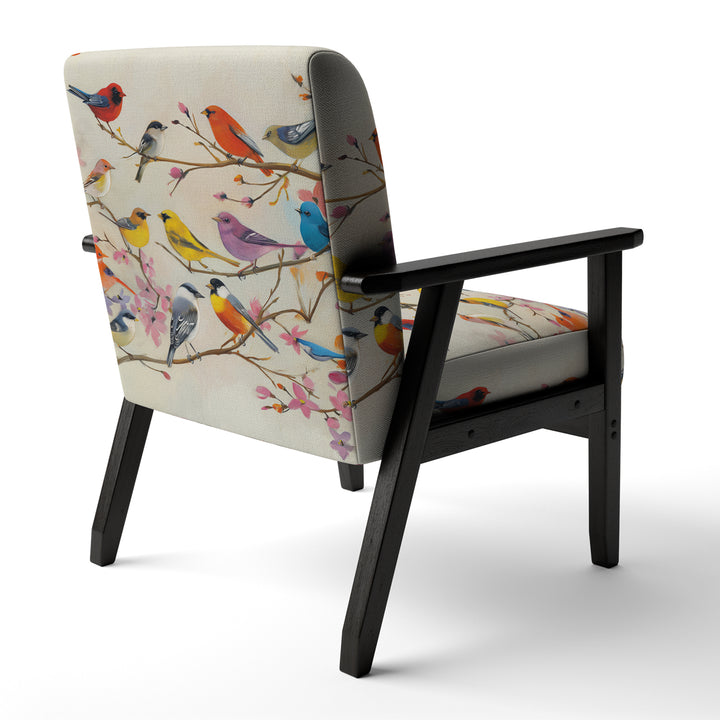 Multi-Colour Birds On Cream Branches - Upholstered Accent Chair