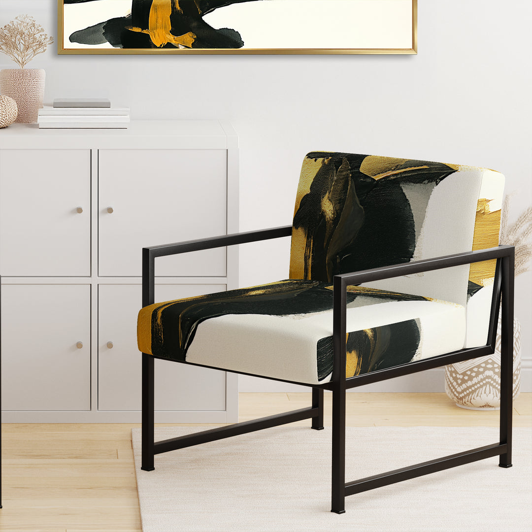 Gold And Black Abstract Brushstrokes On Cream - Upholstered Accent Chair