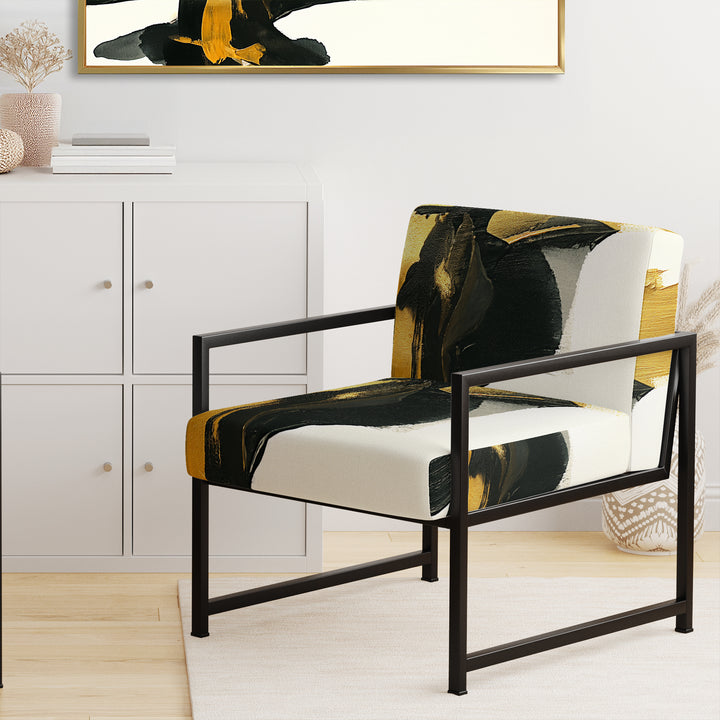 Gold And Black Abstract Brushstrokes On Cream - Upholstered Accent Chair
