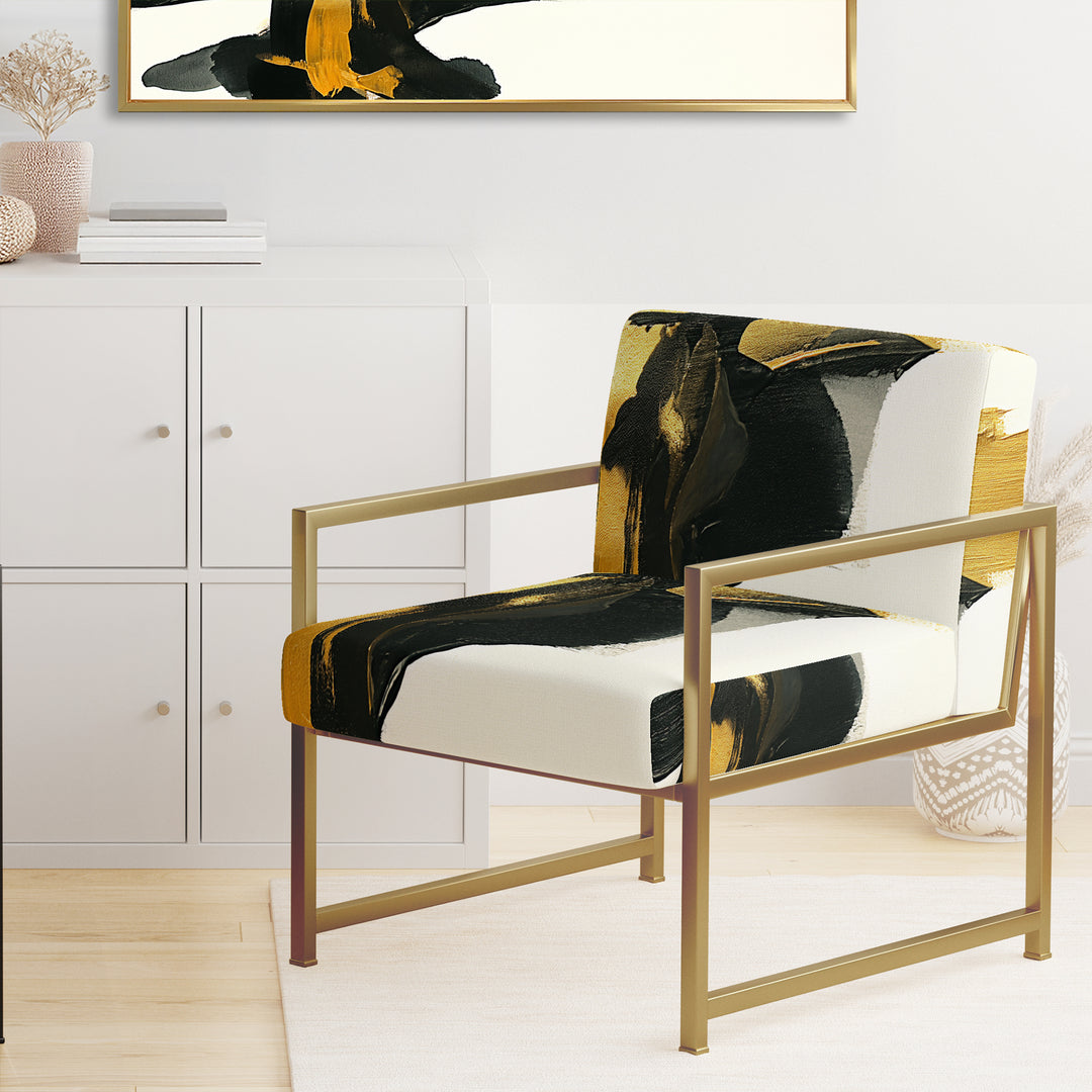 Gold And Black Abstract Brushstrokes On Cream - Upholstered Accent Chair