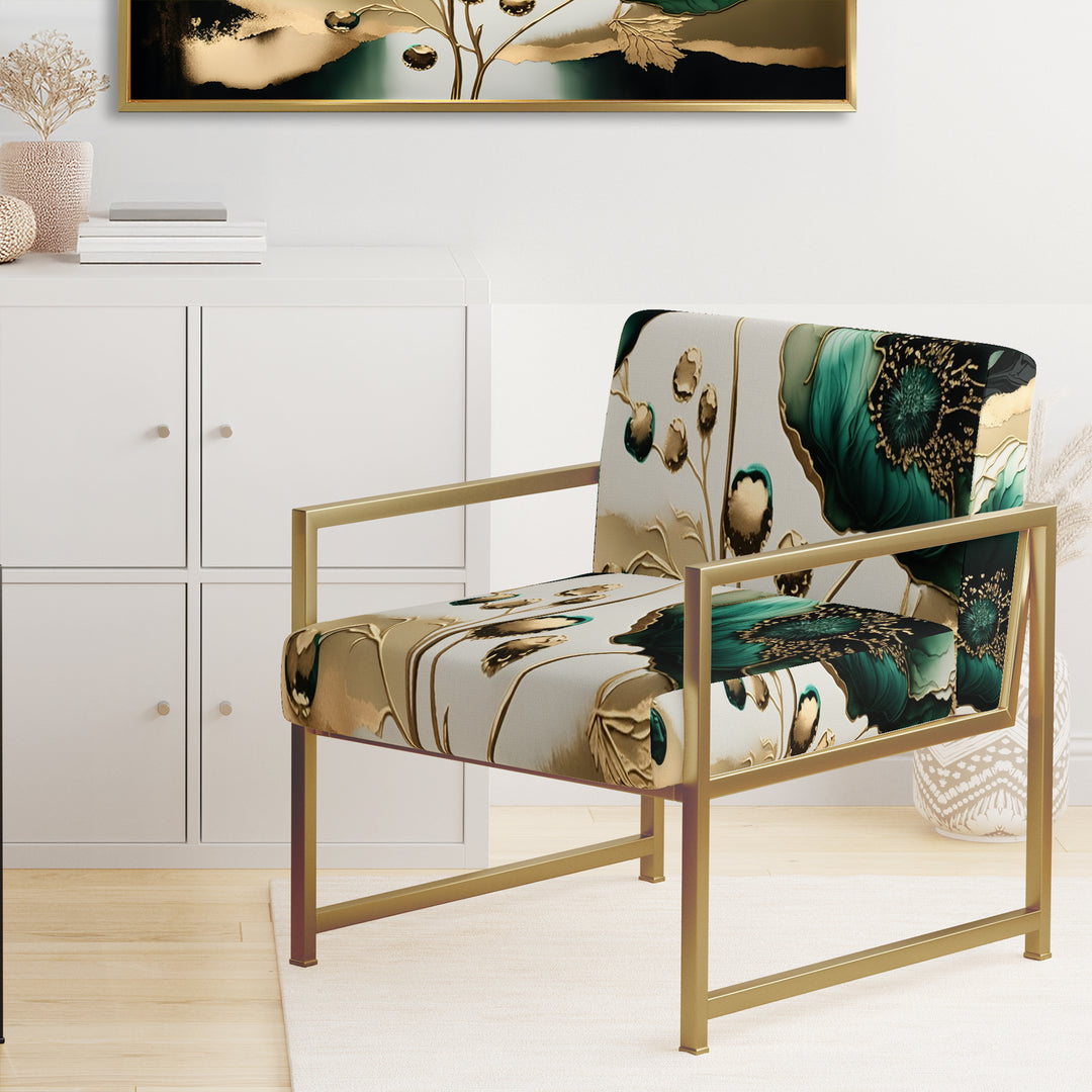 Gold And Green Poppy Floral Euphoria I - Cottage Americana Accent Chair