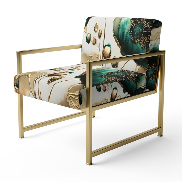 Gold And Green Poppy Floral Euphoria I - Cottage Americana Accent Chair