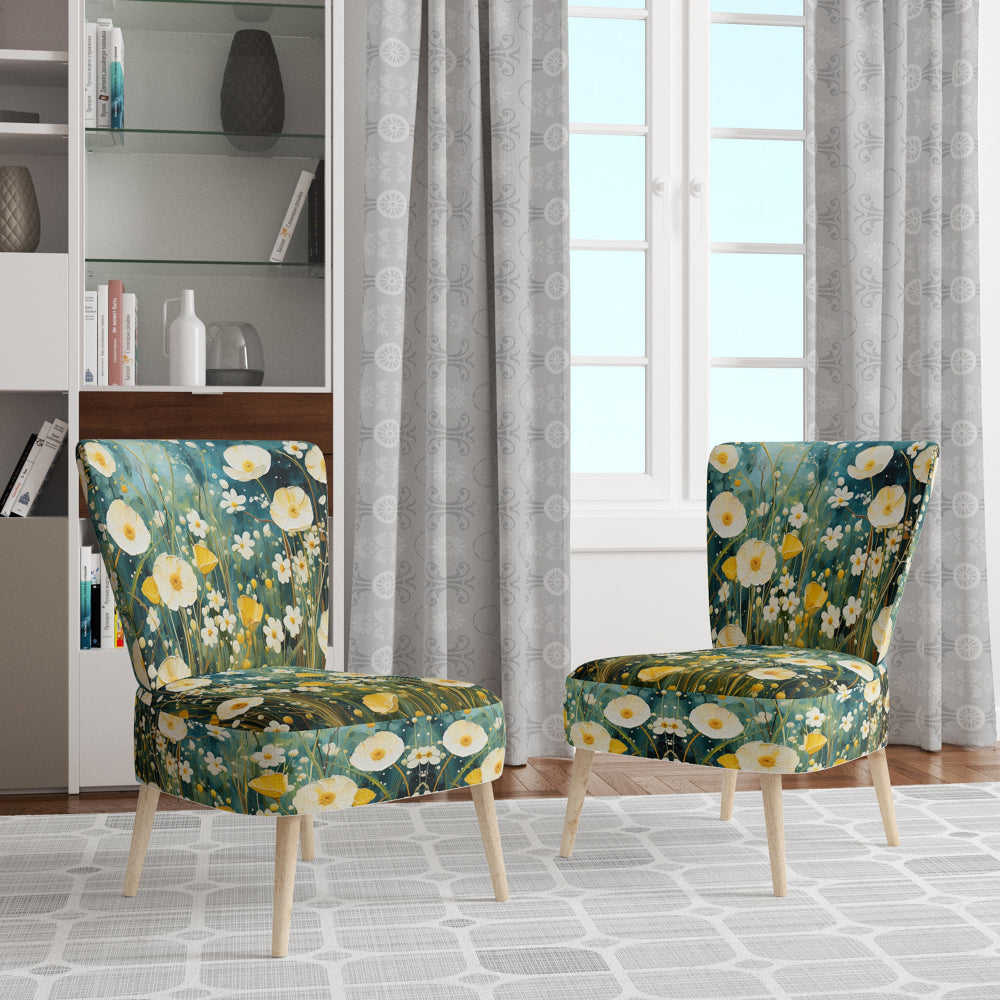 Teal White Buttercups Buttercup Meadow - Traditional Accent Side Chair