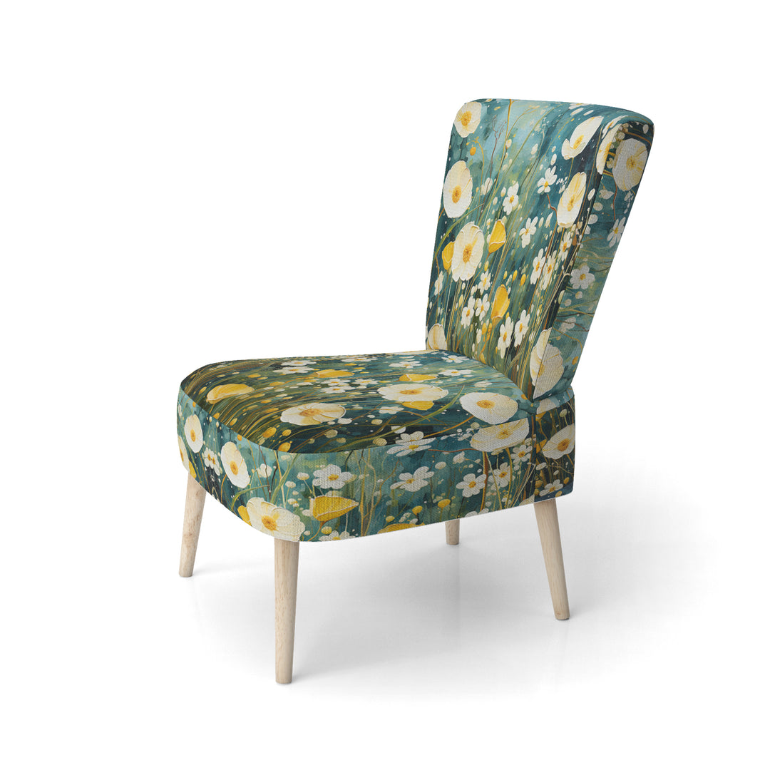 Teal White Buttercups Buttercup Meadow - Traditional Accent Side Chair