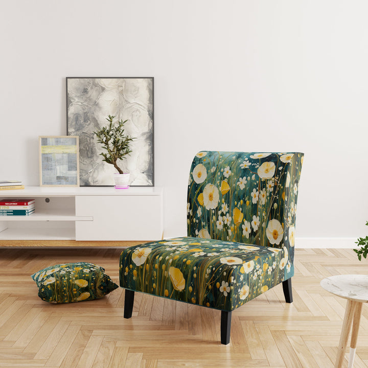Teal White Buttercups Buttercup Meadow - Traditional Accent Side Chair