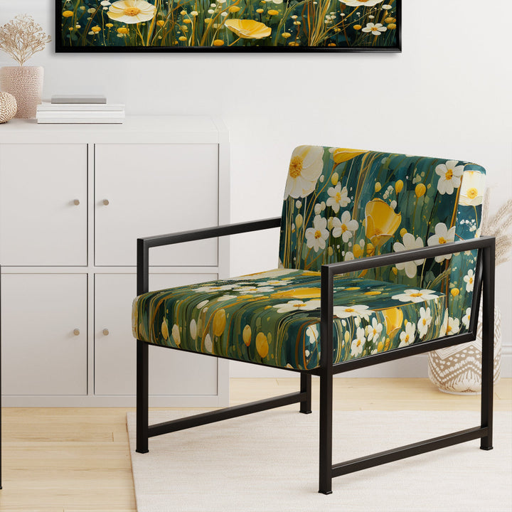 Teal White Buttercups Buttercup Meadow - Traditional Accent Side Chair