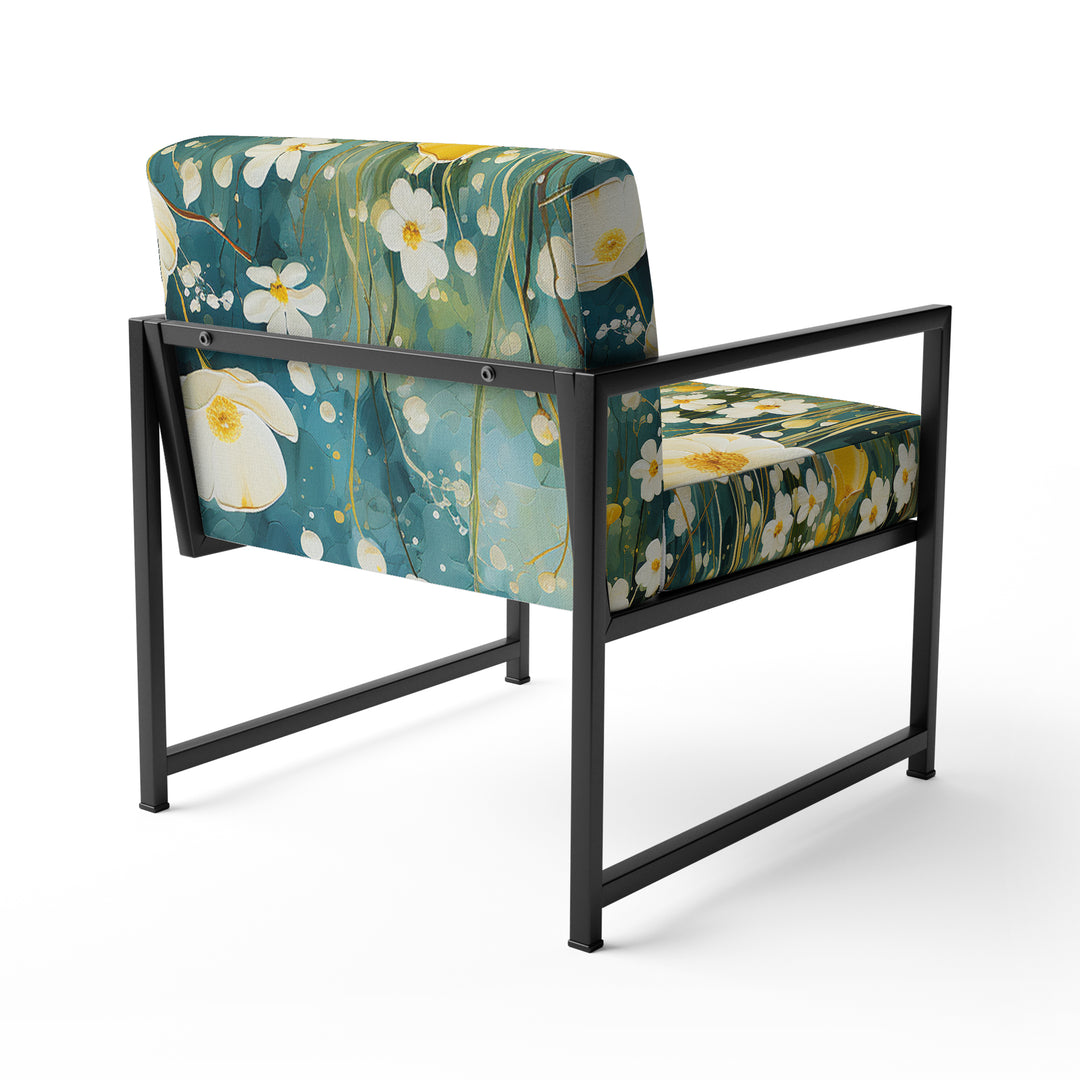 Teal White Buttercups Buttercup Meadow - Traditional Accent Side Chair