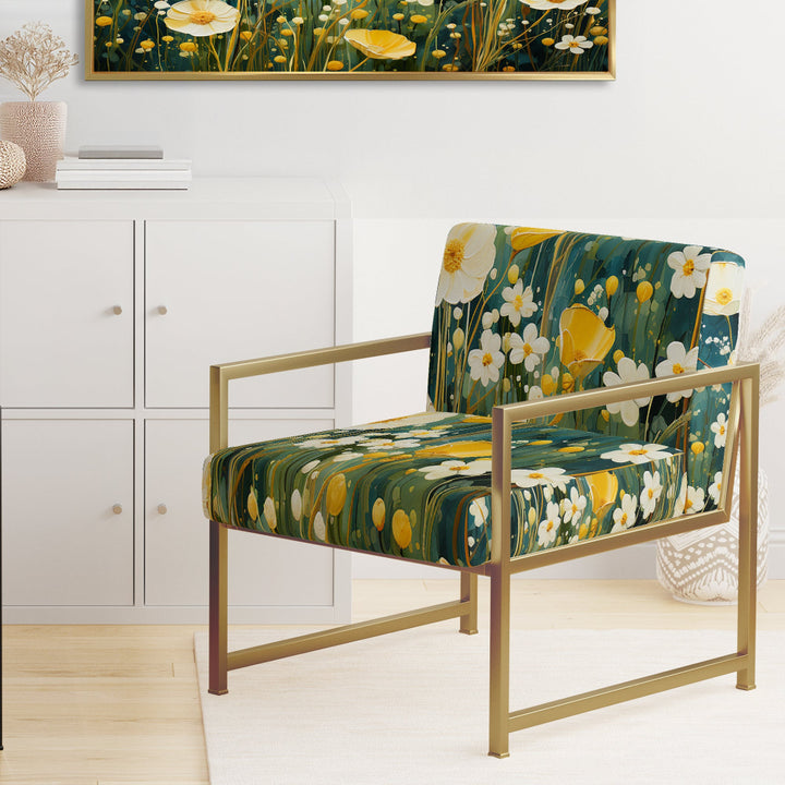 Teal White Buttercups Buttercup Meadow - Traditional Accent Side Chair