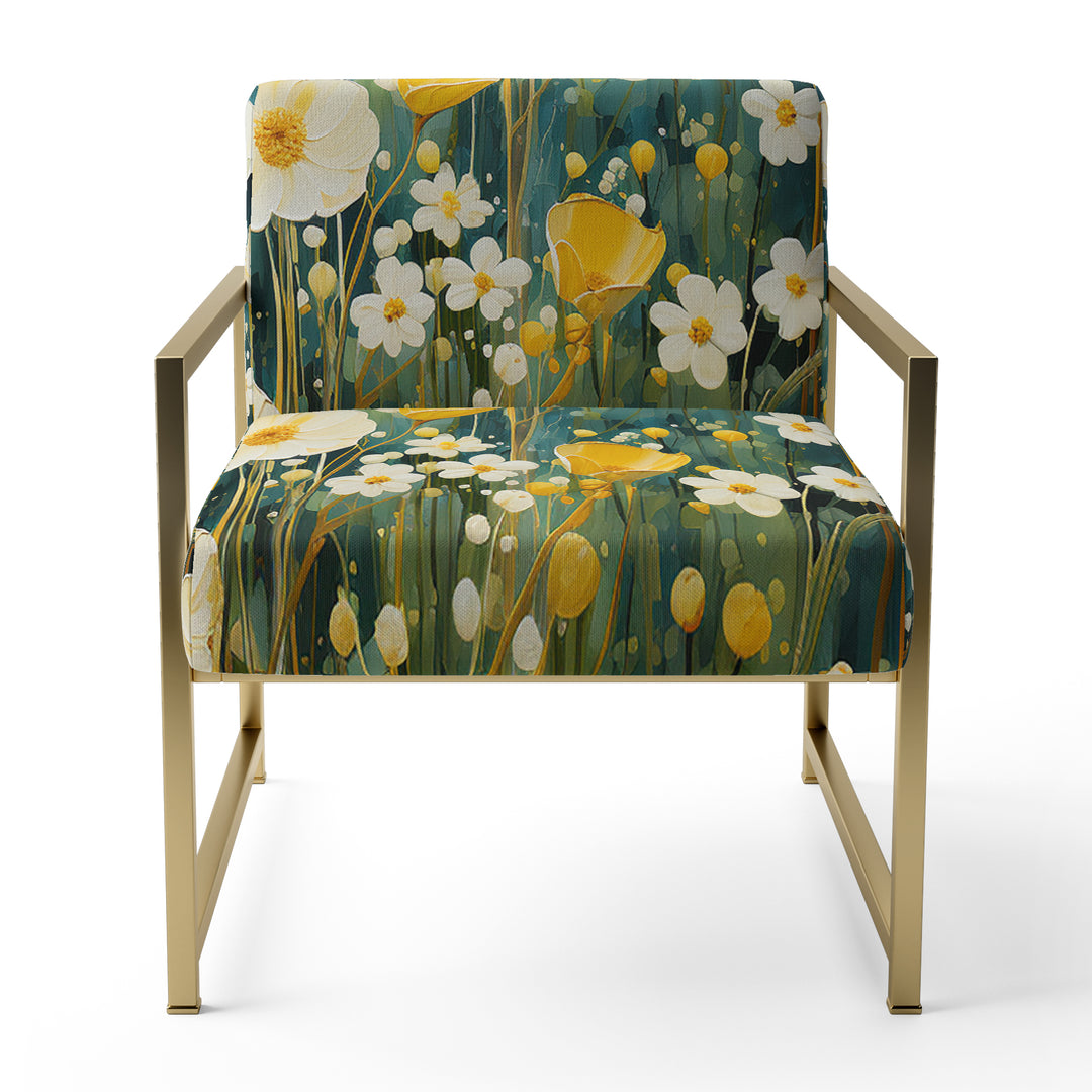 Teal White Buttercups Buttercup Meadow - Traditional Accent Side Chair