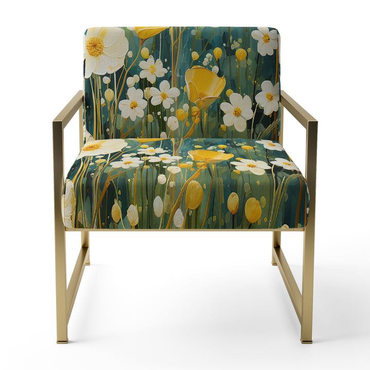 Teal White Buttercups Buttercup Meadow - Traditional Accent Side Chair