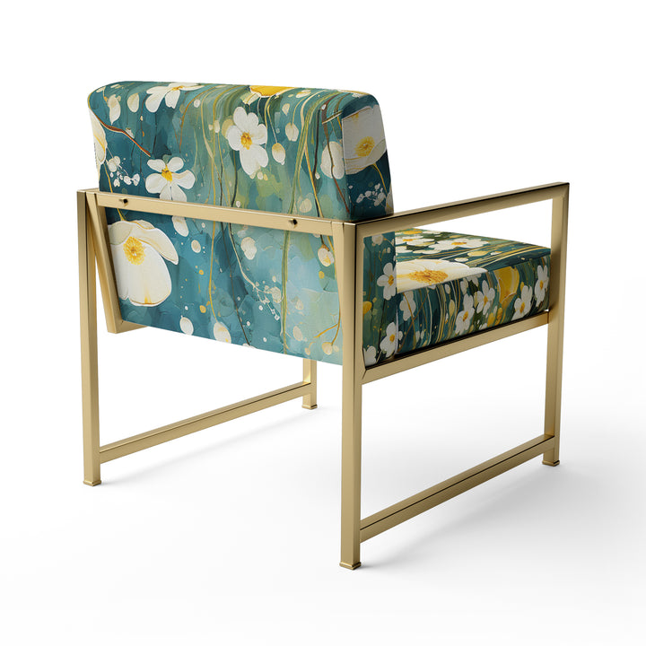 Teal White Buttercups Buttercup Meadow - Traditional Accent Side Chair
