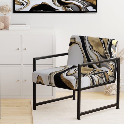 Smooth Grooves Black And Liquid Gold Marble Art - Modern Accent Chair