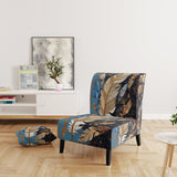 Boho Glam Exquisite Gold On Blue Feather Painting - Modern Accent Slipper Chair