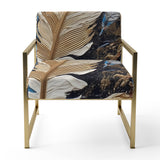 Boho Glam Exquisite Gold On Blue Feather Painting - Modern Accent Slipper Chair