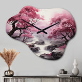 Pink Trees Waterfall Endless Journey - Asymmetric Metal Wall Clock