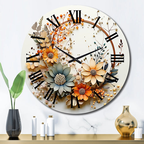 Beige and Orange Floral Wreath I - Floral Metal Wall Clock