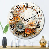 Beige and Orange Floral Wreath I - Floral Metal Wall Clock