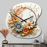 Beige and Orange Floral Wreath I - Asymmetric Metal Wall Clock