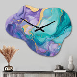 Turquoise and Purple Liquid Art II - Asymmetric Metal Wall Clock
