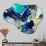 Blue and Gold Luxury Abstract Fluid Art X - Asymmetric Metal Wall Clock