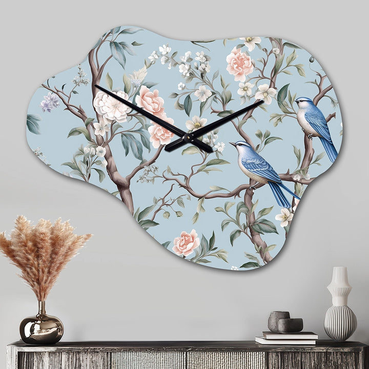 Chinoiserie With Birds and Peonies XI - Asymmetric Metal Wall Clock