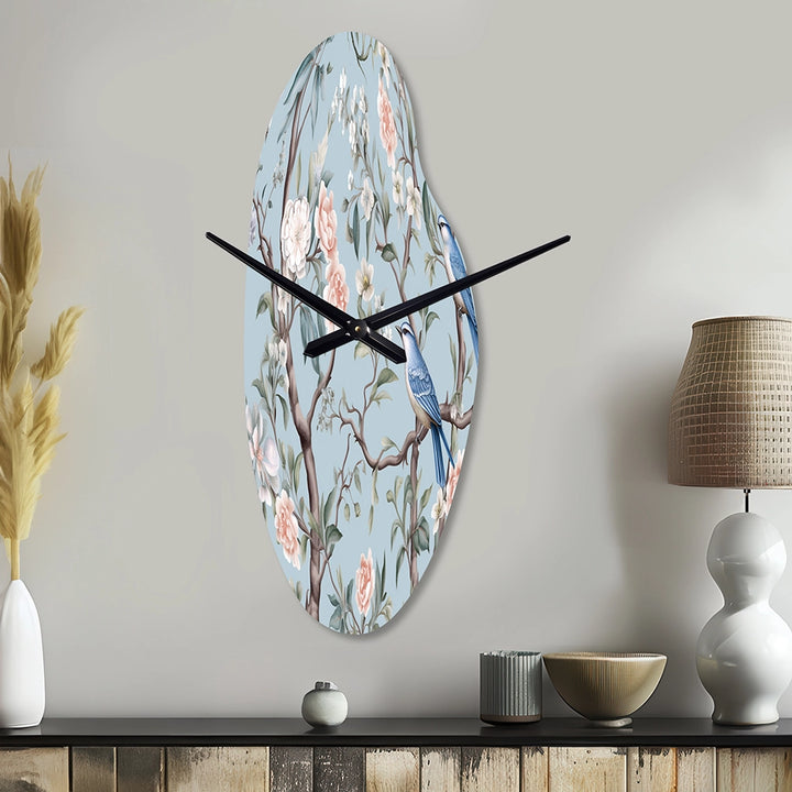 Chinoiserie With Birds and Peonies XI - Asymmetric Metal Wall Clock
