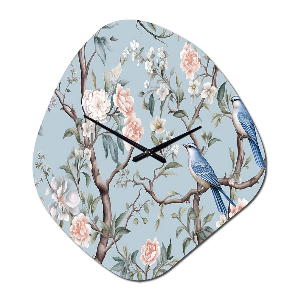Chinoiserie With Birds and Peonies XI - Asymmetric Metal Wall Clock