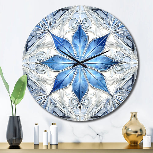 Turquoise and White Fractal Flowers I - Abstract Metal Wall Clock