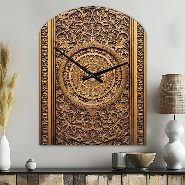 Old Carved Wooden Door VIII - Asymmetric Metal Wall Clock