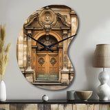 Old Wooden Door With Carvings in Paris, France I - Asymmetric Metal Wall Clock