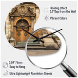 Old Wooden Door With Carvings in Paris, France I - Asymmetric Metal Wall Clock