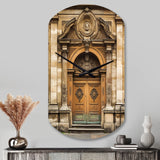 Old Wooden Door With Carvings in Paris, France I - Asymmetric Metal Wall Clock