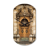 Old Wooden Door With Carvings in Paris, France I - Asymmetric Metal Wall Clock