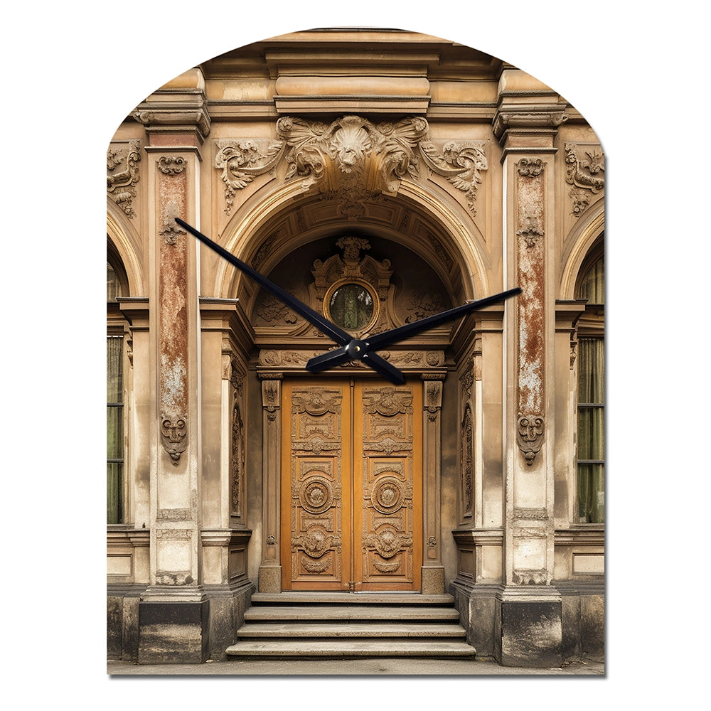 Old Wooden Door With Carvings in Paris, France II - Asymmetric Metal Wall Clock