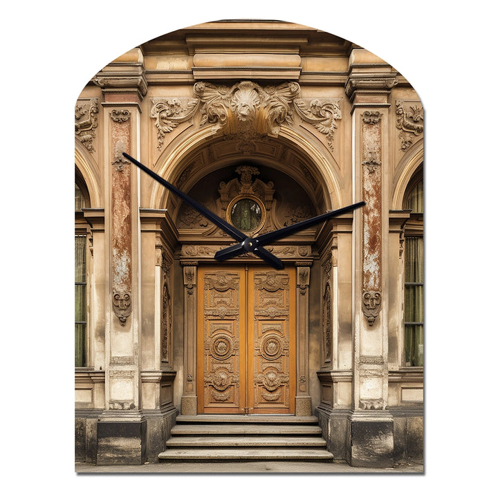 Old Wooden Door With Carvings in Paris, France II - Asymmetric Metal Wall Clock
