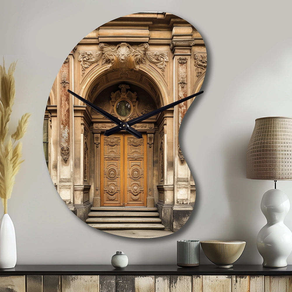 Old Wooden Door With Carvings in Paris, France II - Asymmetric Metal Wall Clock