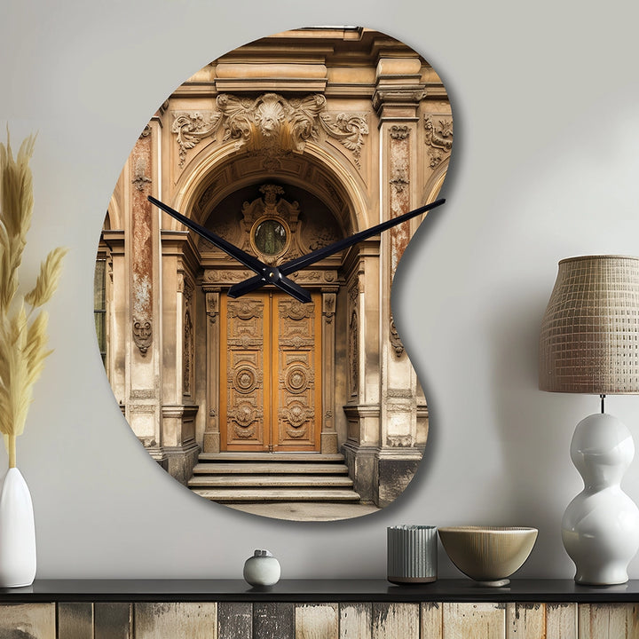 Old Wooden Door With Carvings in Paris, France II - Asymmetric Metal Wall Clock