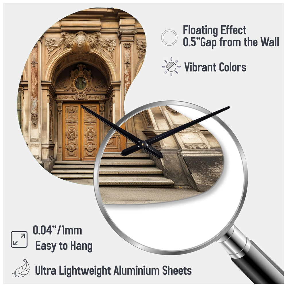 Old Wooden Door With Carvings in Paris, France II - Asymmetric Metal Wall Clock