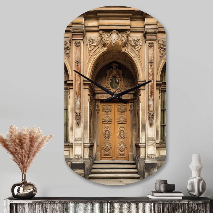 Old Wooden Door With Carvings in Paris, France II - Asymmetric Metal Wall Clock