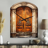 Old Wooden Door With Carvings in Paris, France III - Asymmetric Metal Wall Clock