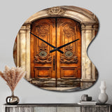 Old Wooden Door With Carvings in Paris, France III - Asymmetric Metal Wall Clock