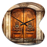Old Wooden Door With Carvings in Paris, France III - Asymmetric Metal Wall Clock