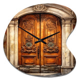 Old Wooden Door With Carvings in Paris, France III - Asymmetric Metal Wall Clock