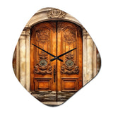 Old Wooden Door With Carvings in Paris, France III - Asymmetric Metal Wall Clock