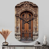 Old Wooden Door With Carvings in Paris, France IV - Asymmetric Metal Wall Clock