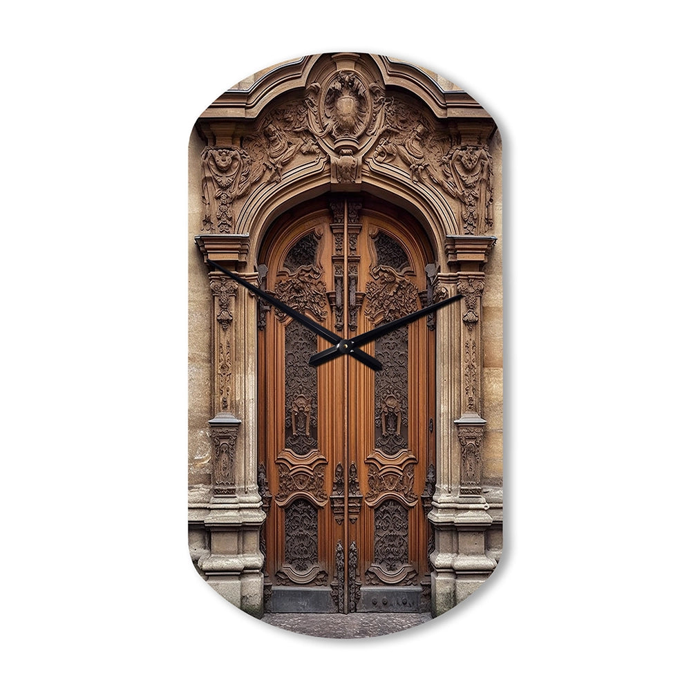 Old Wooden Door With Carvings in Paris, France IV - Asymmetric Metal Wall Clock