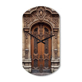 Old Wooden Door With Carvings in Paris, France IV - Asymmetric Metal Wall Clock