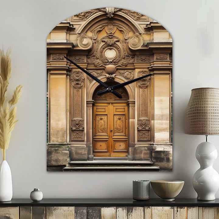 Old Wooden Door With Carvings in Paris, France V - Asymmetric Metal Wall Clock