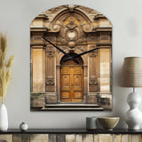 Old Wooden Door With Carvings in Paris, France V - Asymmetric Metal Wall Clock