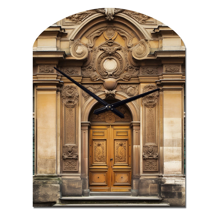 Old Wooden Door With Carvings in Paris, France V - Asymmetric Metal Wall Clock
